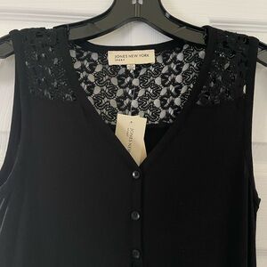 Chic Black sleeveless Dress with 3 front buttons and Lace Detailed yoke and hem.